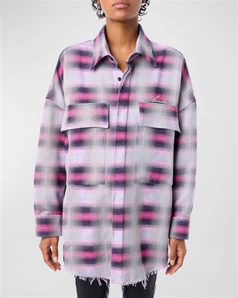 Amiri Plaid Raw-Hem Oversized Shirt | Neiman Marcus