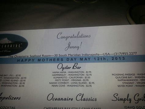 Menu at The Oceanaire Seafood Room restaurant, Indianapolis