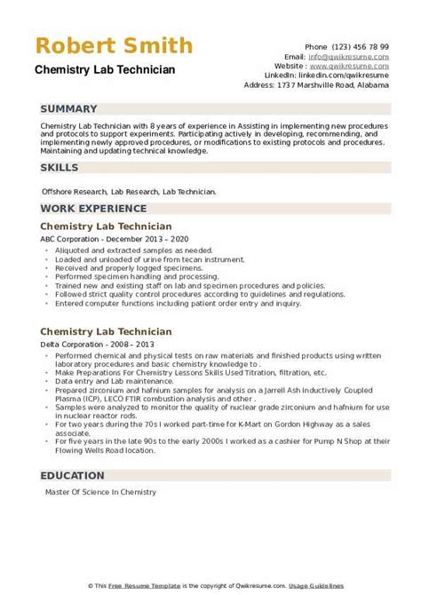 Chemistry Lab Technician Resume Samples | QwikResume