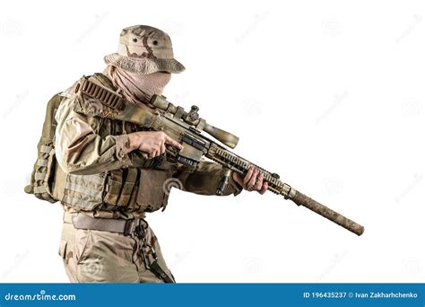 American Special Forces Sniper Unit Holding His Long Barrel Sniper ...