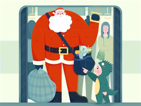 a santa clause standing in front of a group of people with bags and ...