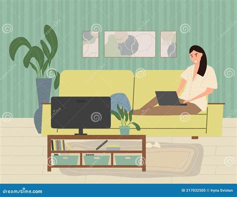 Cute Young Woman Sitting on the Couch with Laptop Computer in Cozy Room Front of the TV. Stock ...