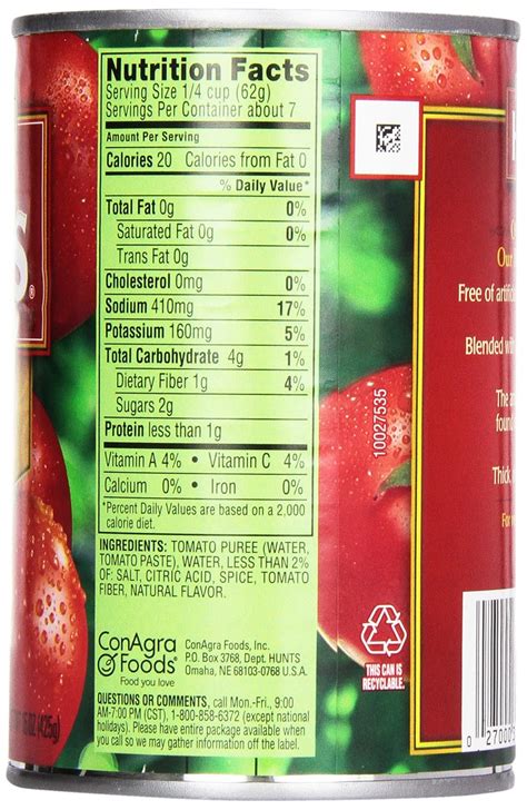 Hunts Tomato Sauce Nutrition Label - Trovoadasonhos