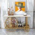 White 2-Tiered Console Table with Stone Top & Decor Trolley Wheel-Homary