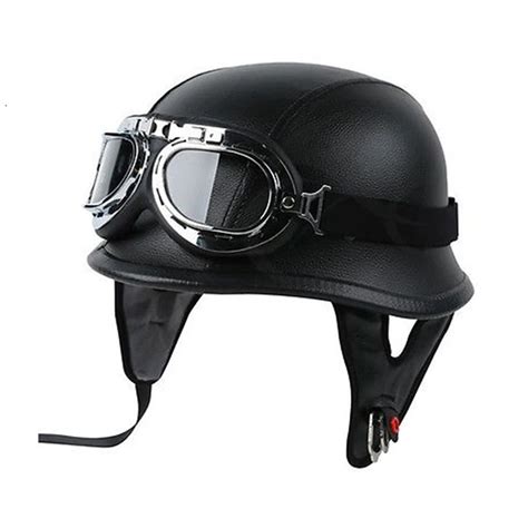 Motorcycle Helmet Leather Style BLACK German Motorcycle Open Face Half ...