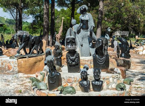 Zimbabwean stone sculptures displayed outdoors, Cape Peninsula, South ...