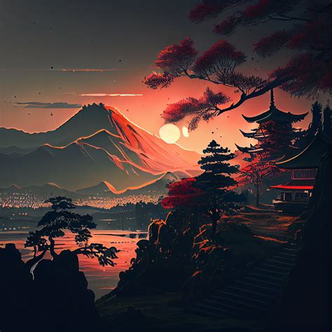 Japanese Landscape Ai Art Beautiful View of Sunset Ai - Etsy