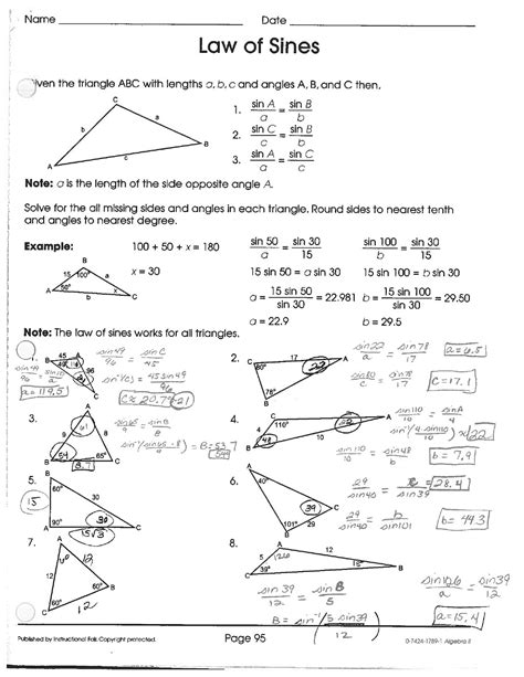 Law Of Cosines Worksheet With Answers Pdf