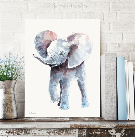 Baby Elephant Watercolor Print, Baby Nursery Prints by Luke Kanelov