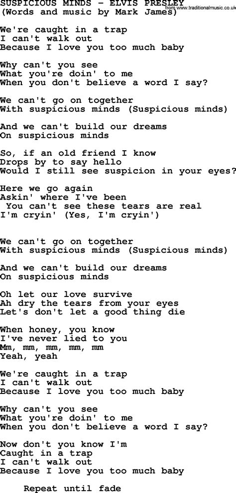 Suspicious Minds by Elvis Presley - lyrics