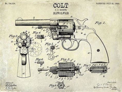 1903 Colt Revolver Patent Drawing Poster by Jon Neidert | Revolvers, Drawings and Guns