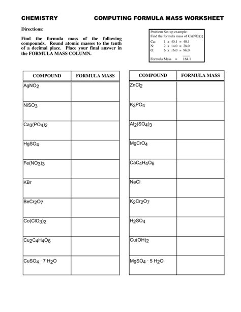 Formula Mass Worksheet | Worksheets Samples