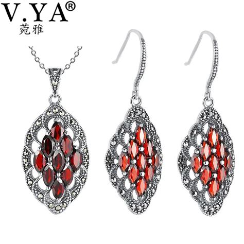 V.YA 925 Sterling Silver Garnet Stone Wedding Jewelry Set Jacinth Color Nature Stone Pendant ...