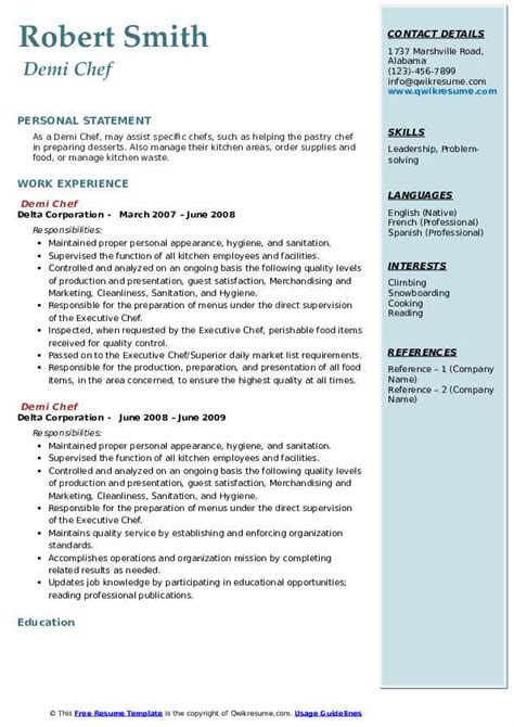 Demi Chef Resume Samples | QwikResume