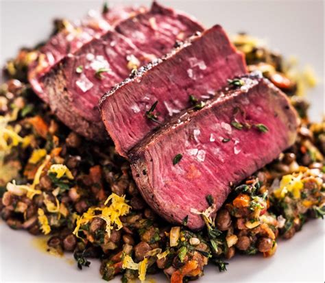 Cervena Venison steaks with warm lentil, shallot and tomato salad - Cervena