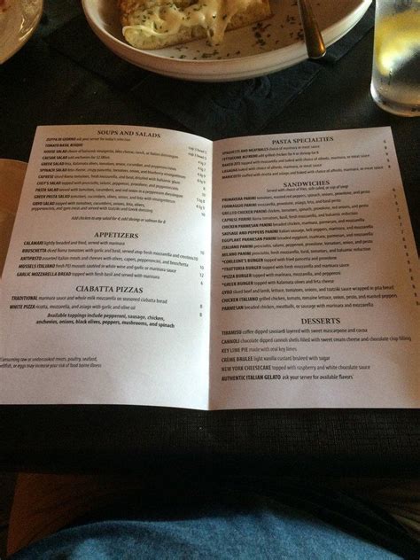 Menu at Corleone's restaurant, Savannah