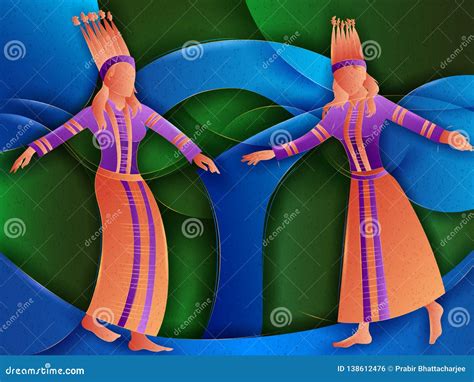 Couple Performing Cheraw Folk Dance of Mizoram, India Stock Vector ...