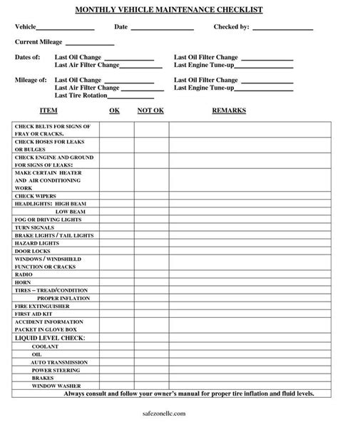 Vehicle Maintenance Checklist Template | Car checklist, Maintenance ...