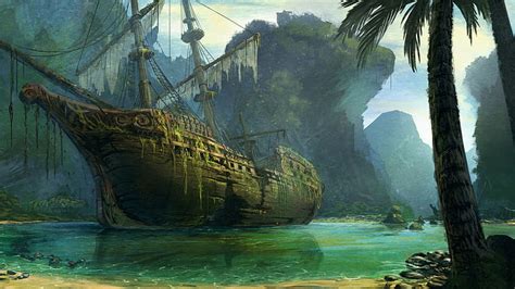 HD wallpaper: wreck, sea, old ship, fantasy art, palm trees, artwork ...