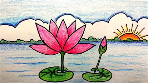 How to draw a water lily scenery step by step | Easy Water Lily Scenery - YouTube