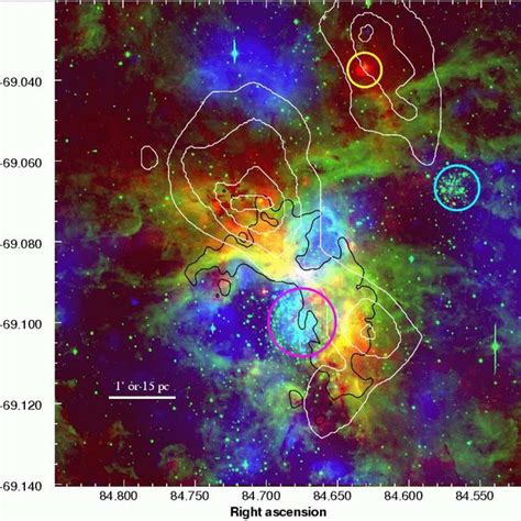 -The 30 Doradus nebula. Red: IRAC 8µm image (SAGE). Green: ESO B-band ...