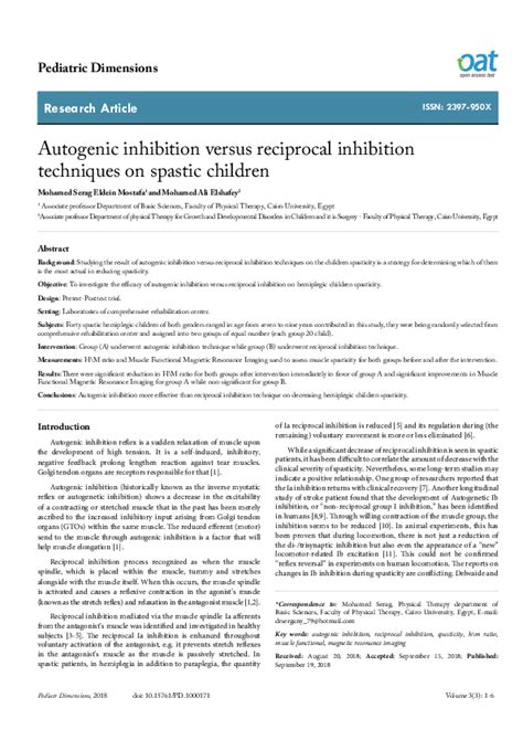 (PDF) Autogenic inhibition versus reciprocal inhibition techniques on spastic children | Mohamed ...