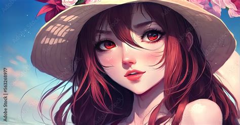 a wonderful and beautiful anime girl with a hat and red eyes is ...