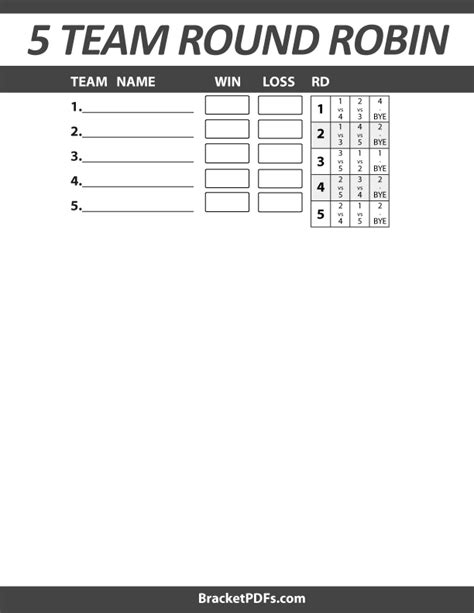 5 Team Round Robin - Printable Schedule