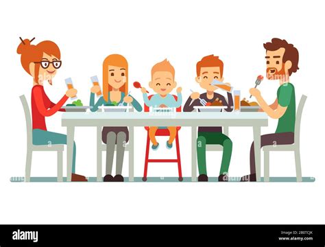 Happy big family eating dinner together vector illustration. Family ...