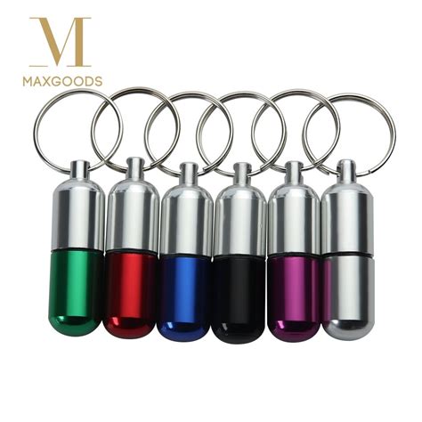 1 Pcs small metal container keychain aluminum pill box holder keychain ...