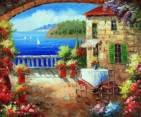 Cafe At Oceanside - Oil Painting Reproduction at overstockArt.com in 2021 | Painting, Framed ...