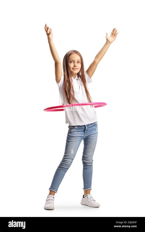 Happy girl spinning a hula hoop isolated on white background Stock ...