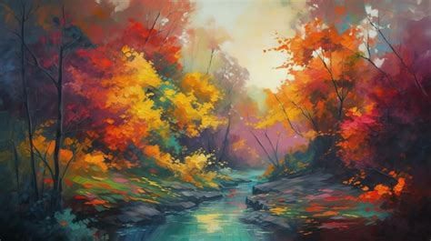 Premium Photo | A painting of a river in autumn