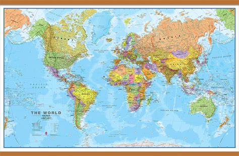 Large Political World Wall Map (Wooden hanging bars)