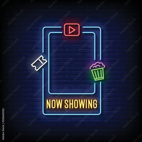 neon sign now showing with brick wall background vector illustration Stock Vector | Adobe Stock