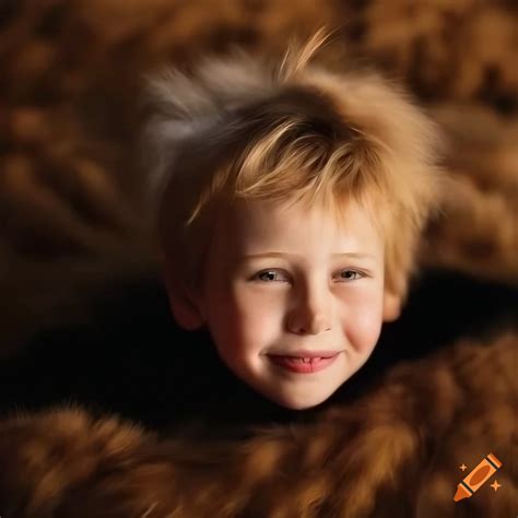 Blond boy lying on fur rug wearing mohair turtleneck sweater on Craiyon