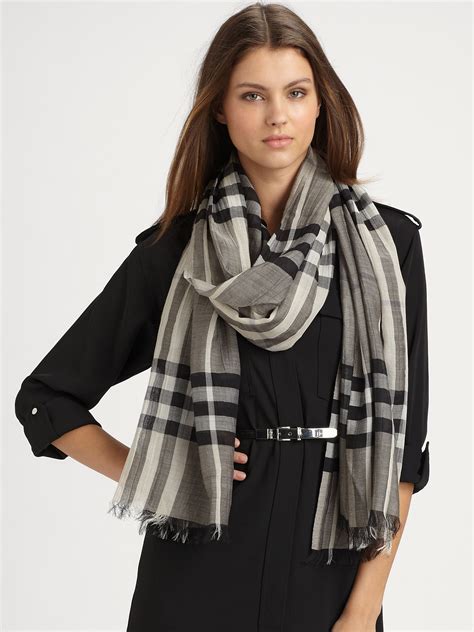 Burberry Giant Check Gauze Scarf in Gray | Lyst