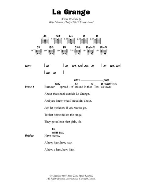 La Grange by ZZ Top Sheet Music for Guitar Chords/Lyrics at Sheet Music Direct