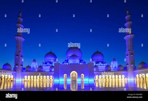 Awesome night view of Grand Mosque of Abu Dhabi, UAE. The Mosque is one ...