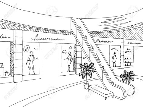 Shopping mall graphic black white interior sketch illustration ...