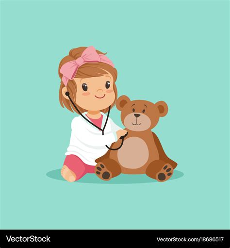 Cartoon toddler girl playing doctor examining her Vector Image