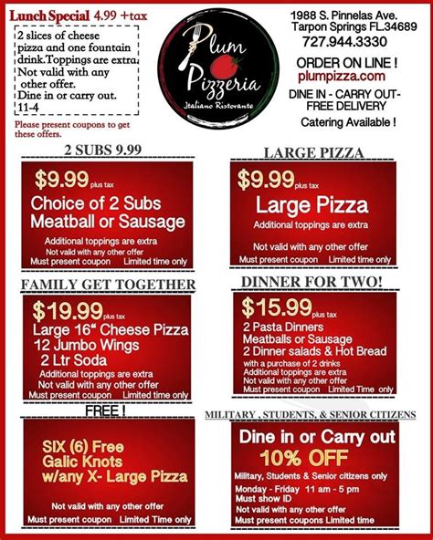 Menu for Plum Tomato Italian Restaurant and Pizzeria in Tarpon Springs, FL | Sirved