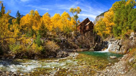 fall, Nature, Mill, River, Forest, Landscape, Colorado, Trees, Yellow, Blue, Shrubs, Mountain ...