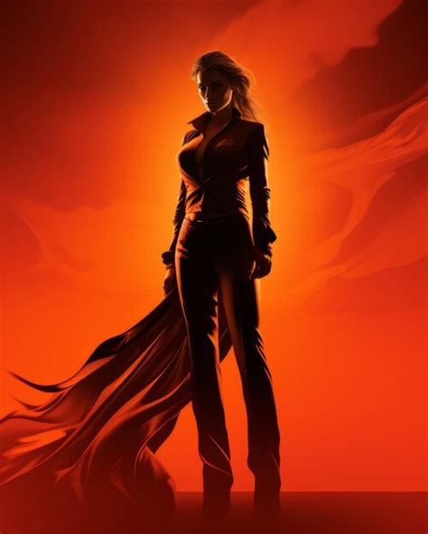 Premium AI Image | an illustration of a woman in a black suit standing in front of an orange sunset