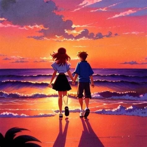 Ai Art Generator: A romantic anime sunset beach walk with a couple ...