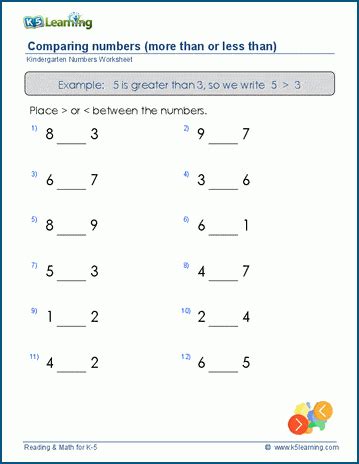 Comparing numbers: more than / less than worksheets | K5 Learning