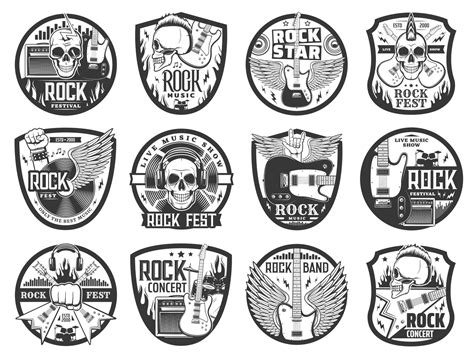 Rock music icons with guitars, drums and skulls 23485681 Vector Art at ...