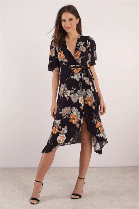 Sexy Black Midi Dress - Wrap Dress - Short Sleeve Dress - Floral Print Midi Dress - NZ$ 79 | Tobi NZ