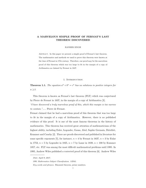 (PDF) A MARVELOUS SIMPLE PROOF OF FERMAT'S LAST THEOREM DISCOVERED