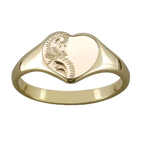 Gold Signet Ladies Engraved Heart Ring